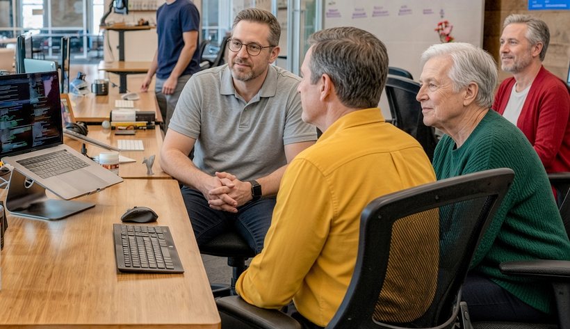 A startup team talking around a laptop