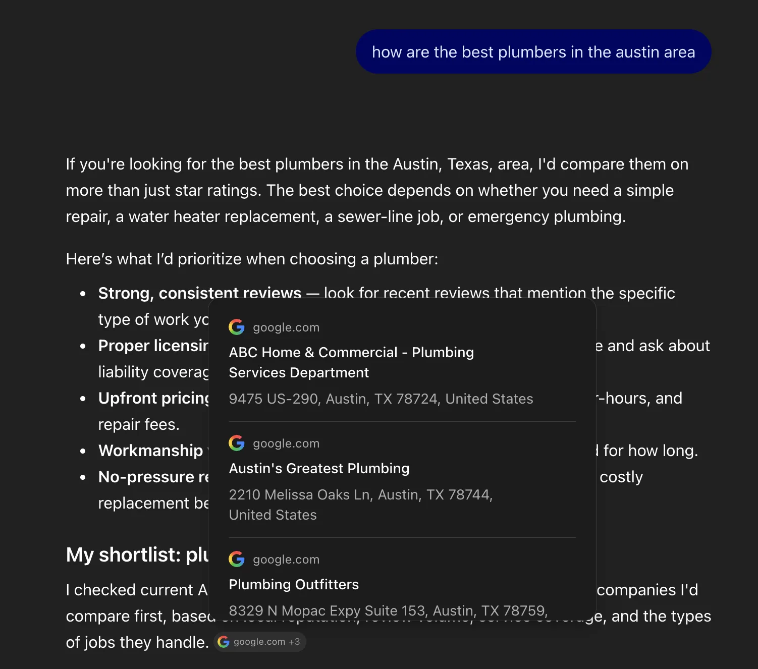 ChatGPT recommending plumbers in Austin, with a source popup listing three local businesses from google.com